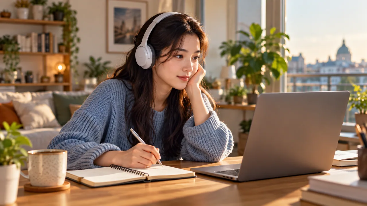 Learner practising English with headphones